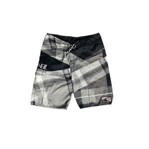 O'Neill Board Shorts Men's‎ Black Gray White Plaid Geometric Swim Trunks